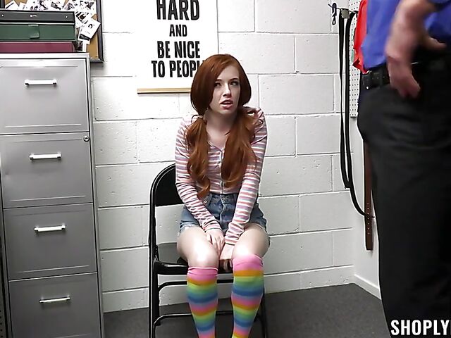 Petite redhead shoplifter Madi Collins strip searched and fucked