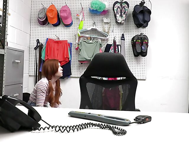 Petite redhead shoplifter Madi Collins strip searched and fucked
