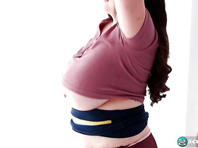 Busty chubby woman Demora Avarice changing clothes and showing off her heavy hangers