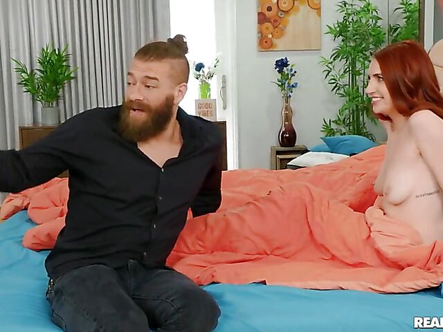 Scarlett Mae & Aria Carson - FFM redhead threesome with his GF's secret GF