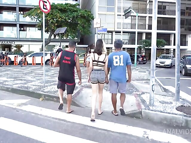 Interracial double penetration with fake tits Brazilian babe Kelly Oliveira