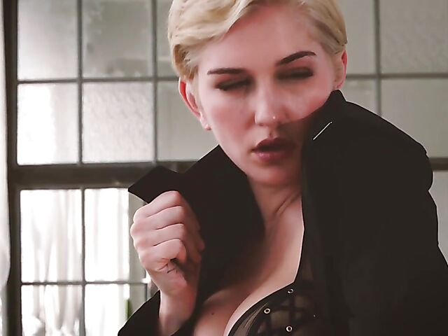 Skye Blue - Short hair solo model with nice boobs strips naked