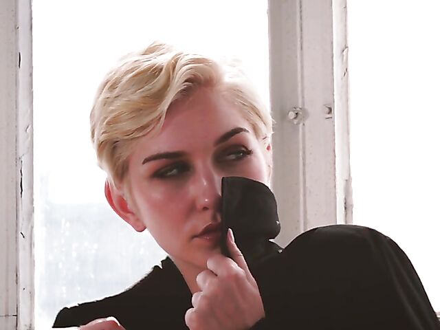 Skye Blue - Short hair solo model with nice boobs strips naked