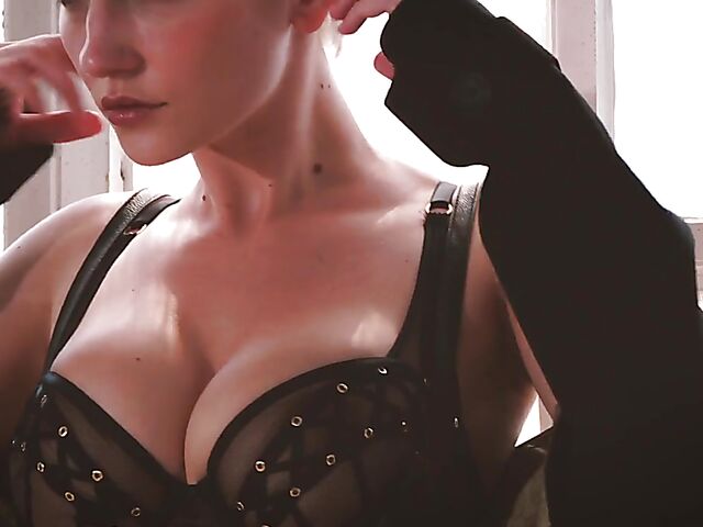 Skye Blue - Short hair solo model with nice boobs strips naked