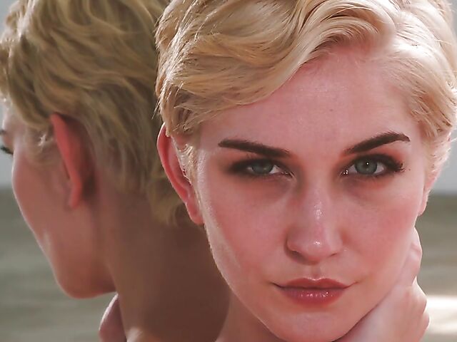 Skye Blue - Short hair solo model with nice boobs strips naked