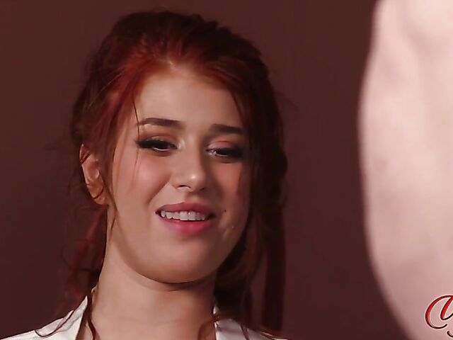 British redhead in see-through lingerie Atlanta Moreno watching guy jerk off