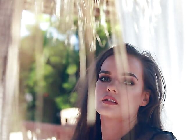 Erotic big boobs solo in black stockings outdoors with Ashley White