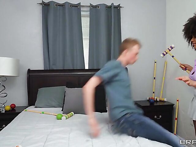 Curly hair girl with big natural tits Nina Diaz plays croquet with Jimmy Michaels