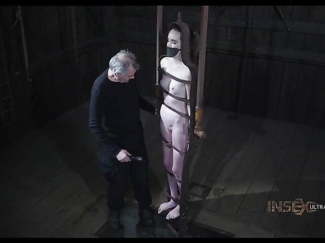 Metal device bondage and slave blowjob with Brooke Johnson