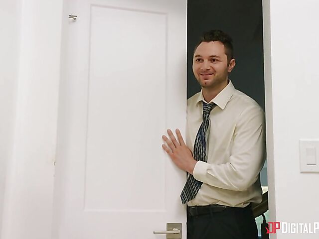 Submissive boss having femdom sex in the office with big titted Kissa Sins in sexy lingerie and stockings