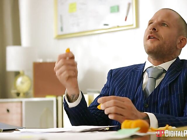 Submissive boss having femdom sex in the office with big titted Kissa Sins in sexy lingerie and stockings