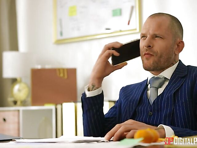 Submissive boss having femdom sex in the office with big titted Kissa Sins in sexy lingerie and stockings