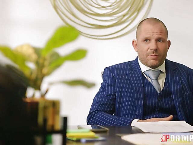 Submissive boss having femdom sex in the office with big titted Kissa Sins in sexy lingerie and stockings