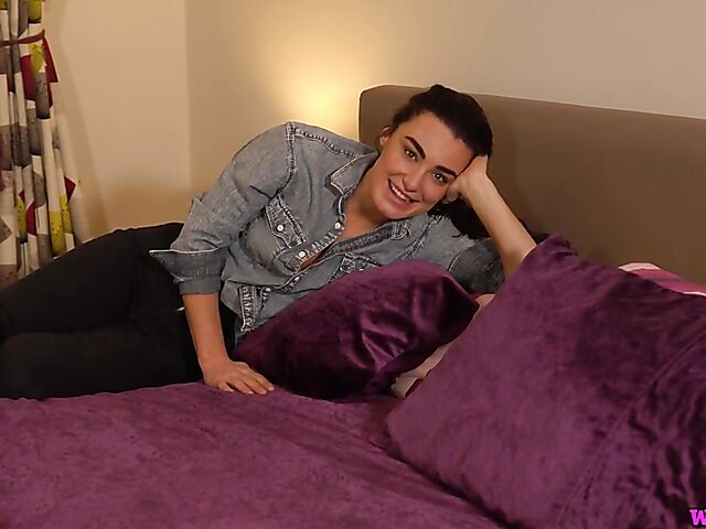 Talking dirty slim British babe Laura strips naked for you on her business trip