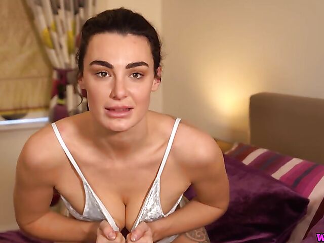 Talking dirty slim British babe Laura strips naked for you on her business trip