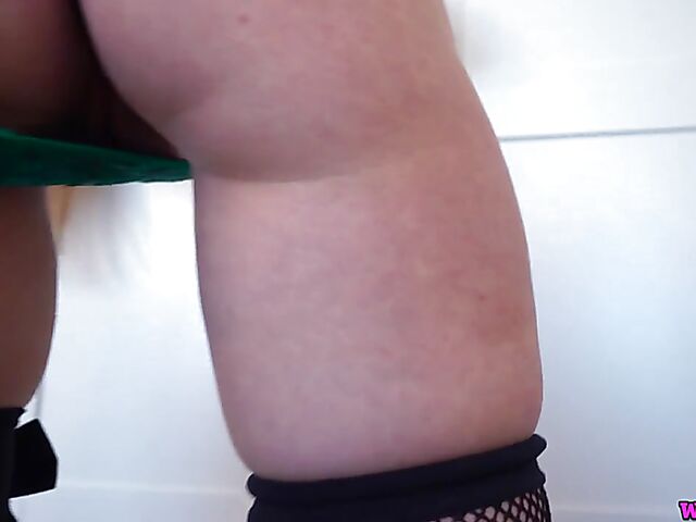 Welsh redhead MILF Miss Amelia shows you her shaved slit and gets on her knees to blow