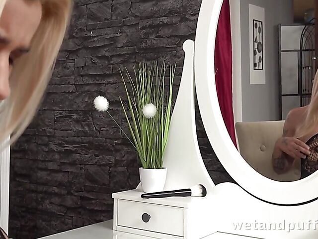 Catherine Sand - Dildo solo in lace bodystocking