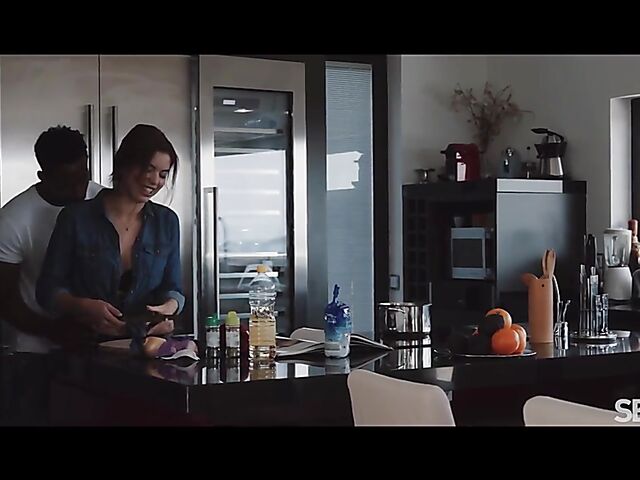 Sensual interracial couple Emily Mayers and Jesus Reyes do it in the kitchen