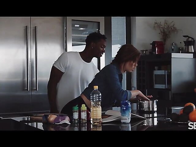 Sensual interracial couple Emily Mayers and Jesus Reyes do it in the kitchen