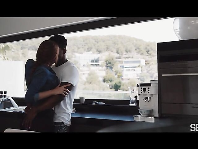 Sensual interracial couple Emily Mayers and Jesus Reyes do it in the kitchen