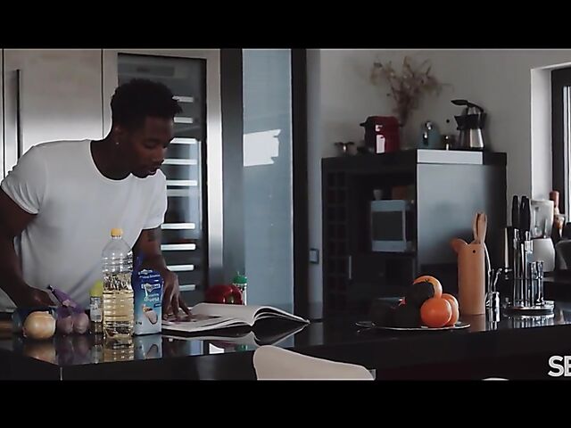 Sensual interracial couple Emily Mayers and Jesus Reyes do it in the kitchen