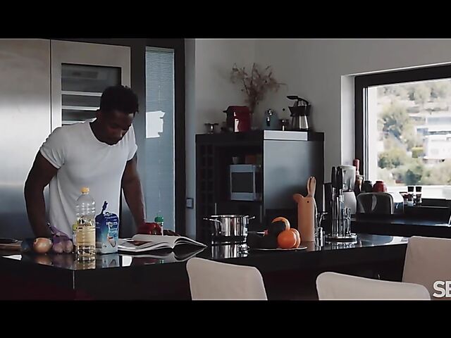 Sensual interracial couple Emily Mayers and Jesus Reyes do it in the kitchen