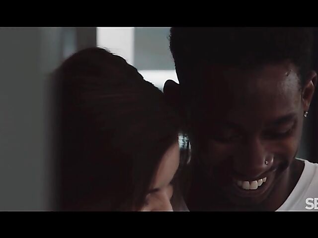 Sensual interracial couple Emily Mayers and Jesus Reyes do it in the kitchen