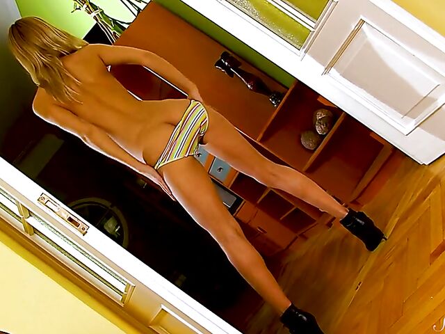 Sexy teen babe Paloma B takes off her panties and spreads her legs in the doorway