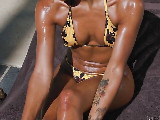 Hot ebony Scarlit Scandal strips off her bikini and gets ready for Zac Wild's cock