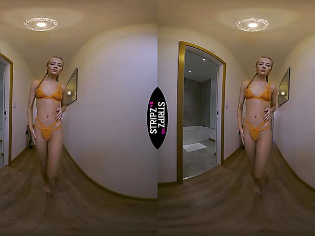 Bikini strip in the corridor in VR 3D with Courtney Marie