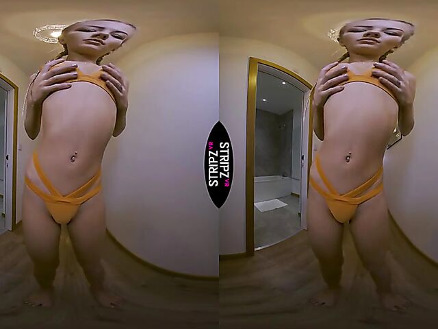 Bikini strip in the corridor in VR 3D with Courtney Marie