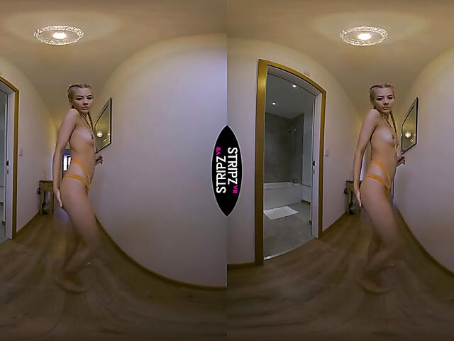 Bikini strip in the corridor in VR 3D with Courtney Marie