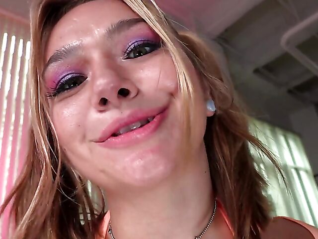 Teen hooker Mia Kay squirts with a hitachi and then gives a crazy hot blowjob POV for cum on her face