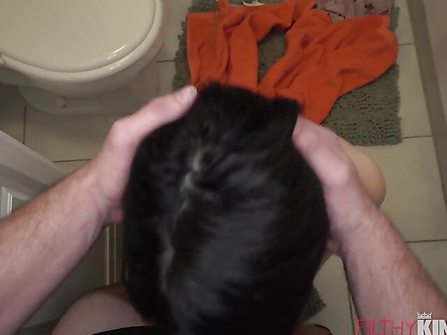 Bathroom POV with tiny brunette Riley Jean