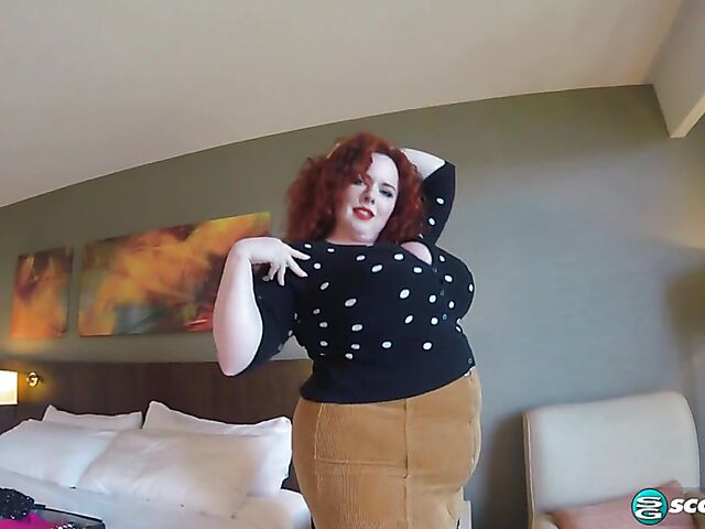 Busty BBW redhead Greta Grindhouse changing clothes and masturbating