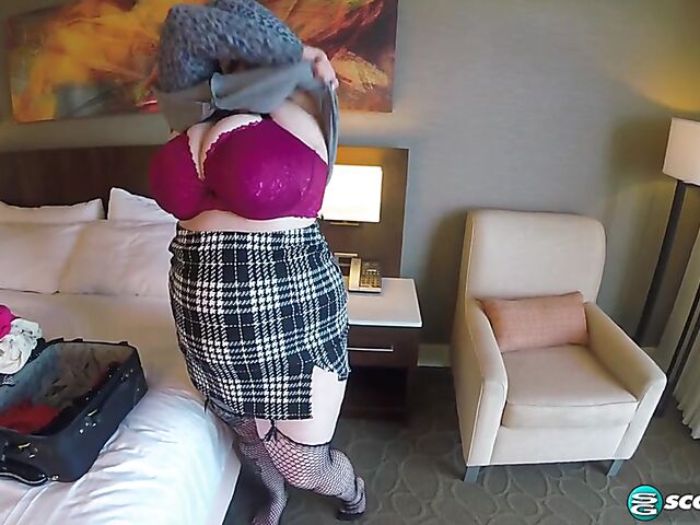 Busty BBW redhead Greta Grindhouse changing clothes and masturbating