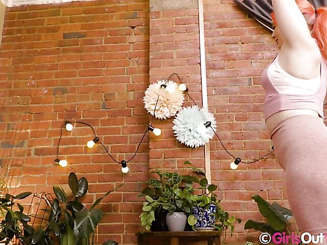 Chubby redhead masturbation with a banana on a yoga mat