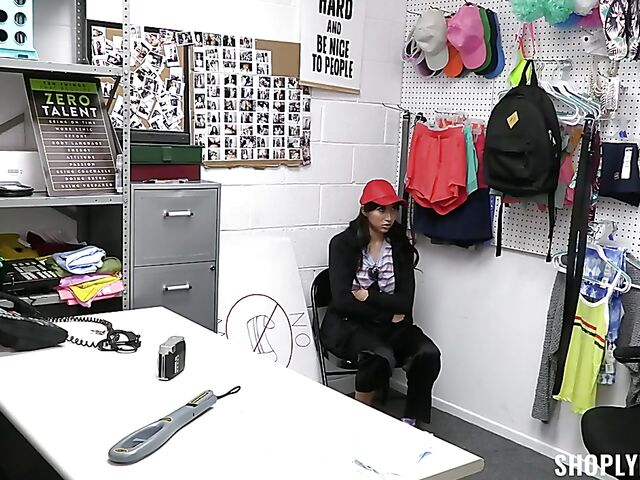 Sexy thief Penelope Woods stripped naked by the loss prevention officer