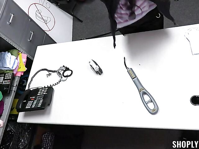 Sexy thief Penelope Woods stripped naked by the loss prevention officer