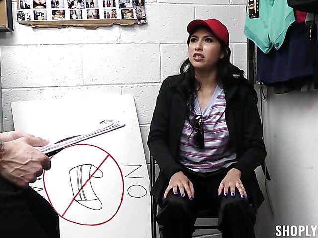 Sexy thief Penelope Woods stripped naked by the loss prevention officer