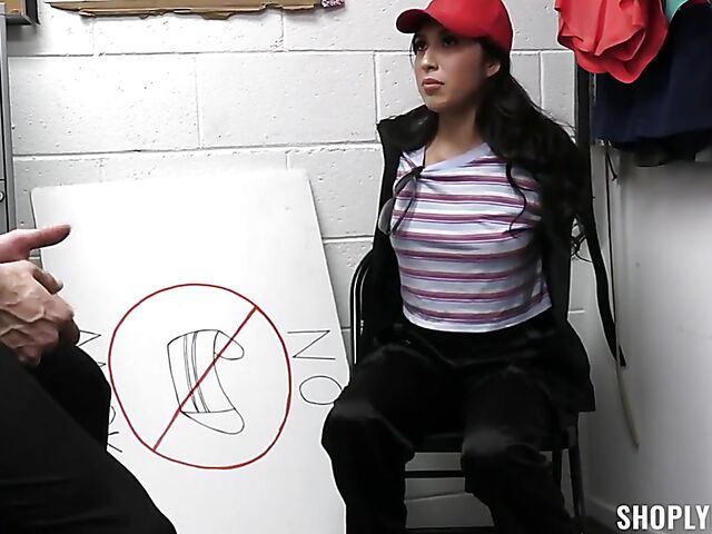 Sexy thief Penelope Woods stripped naked by the loss prevention officer