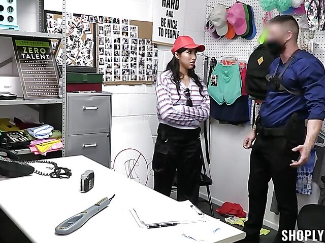 Sexy thief Penelope Woods stripped naked by the loss prevention officer