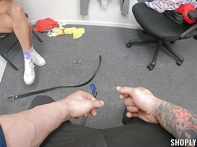 Sexy thief Penelope Woods stripped naked by the loss prevention officer