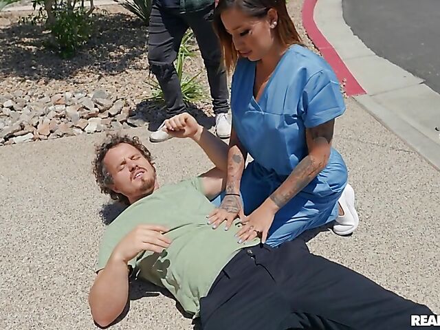 Nurse Anna Chambers' big fake tits and tight ass for a tricky skater boy