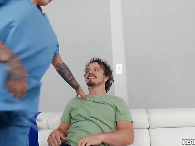 Nurse Anna Chambers' big fake tits and tight ass for a tricky skater boy