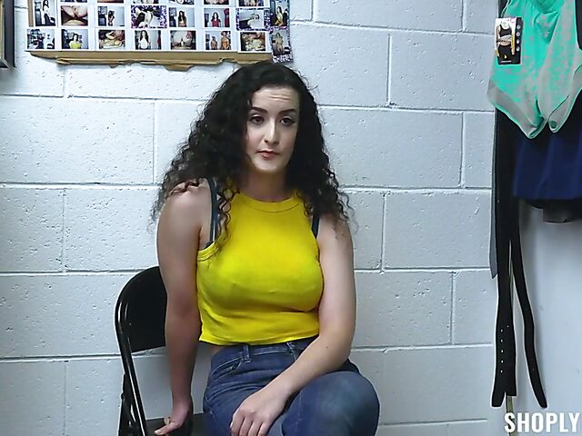 Curly brunette shoplifter Lyra Lockhart stripped and fucked