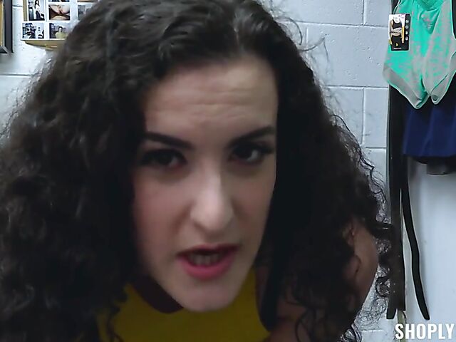 Curly brunette shoplifter Lyra Lockhart stripped and fucked