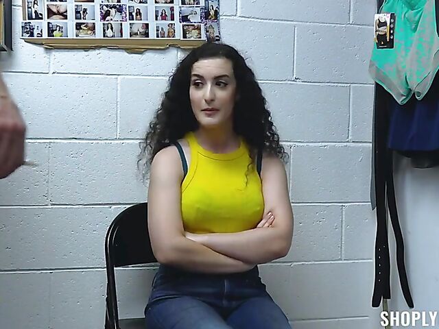 Curly brunette shoplifter Lyra Lockhart stripped and fucked