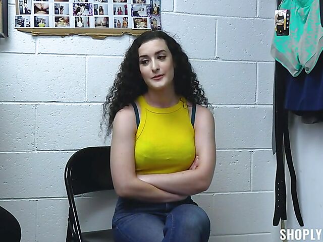 Curly brunette shoplifter Lyra Lockhart stripped and fucked