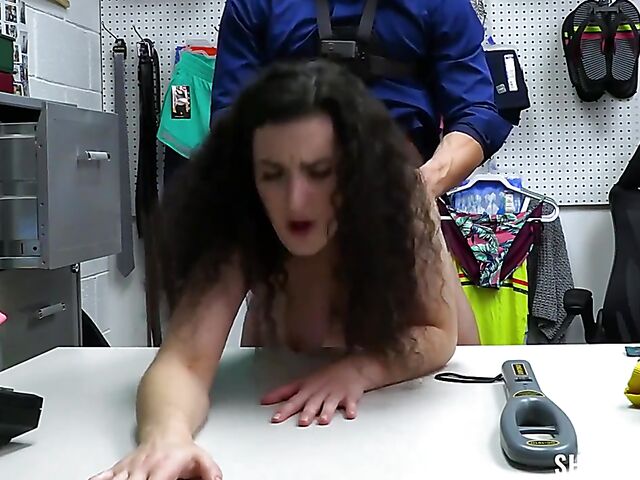 Curly brunette shoplifter Lyra Lockhart stripped and fucked